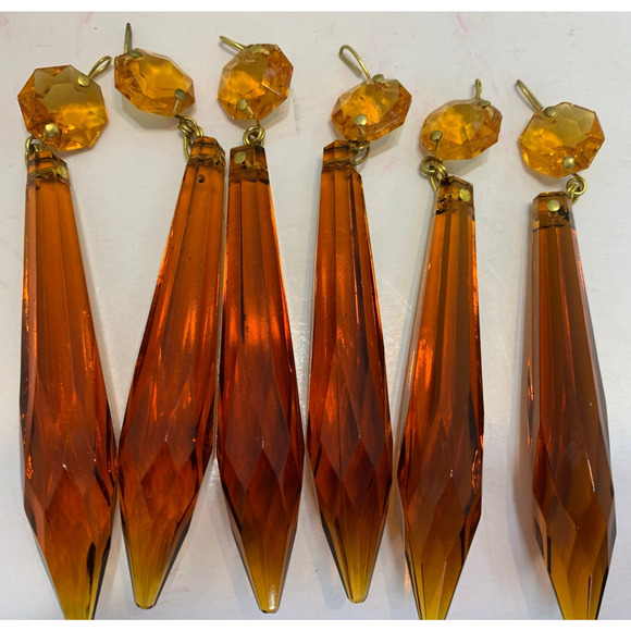 Lot of 6 Antique Amber Glass Chandelier Prisms 3" Spear Drop w/1/2" Octagon Bead - Picture 1 of 7